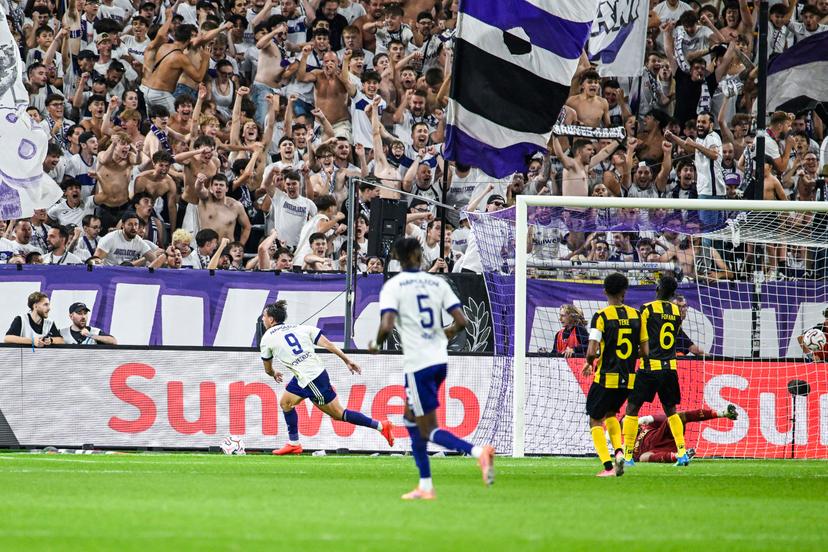 Anderlecht's Mihajlo Cvetkovic celebrates after scoring during a soccer game between Belgian RSC Anderlecht and Swedish Hammarby IF, Thursday 30 July 2026 in Brussels, the return leg of the second qualifying round for the UEFA Europa League. The first leg ended in a 1-1 draw. BELGA PHOTO TOM GOYVAERTS