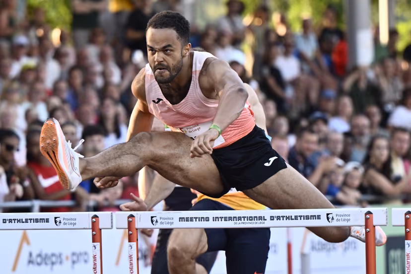 Belgian Michael Obasuyi pictured in action during the 100M hurdles at the 2026 edition of the 'Meeting International d'Athletisme de la Province de Liege' athletics event in Liege, Wednesday 15 July 2026. BELGA PHOTO ERIC LALMAND