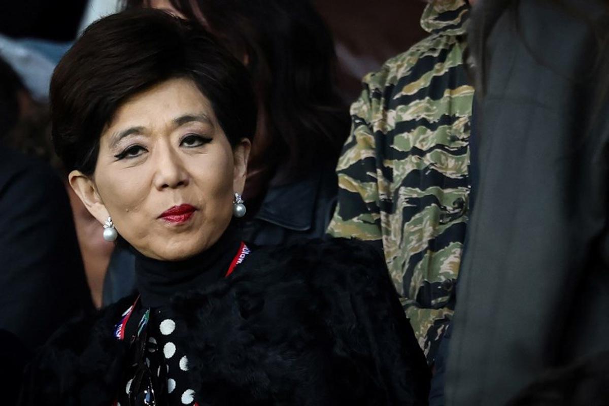 US businesswoman and President of Olympique Lyonnais Michele Kang reacts during the French L1 football match between Paris Saint-Germain (PSG) and Olympique Lyonnais (OL) at the Parc des Princes stadium in Paris on April 19, 2026. FRANCK FIFE / AFP