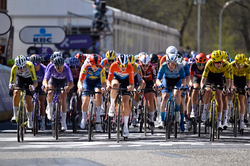 The pack of riders pictured in action during the women's race of the 'Scheldeprijs' one day cycling event, 130,3km from and to Schoten on Wednesday 08 April 2026. BELGA PHOTO TOM GOYVAERTS