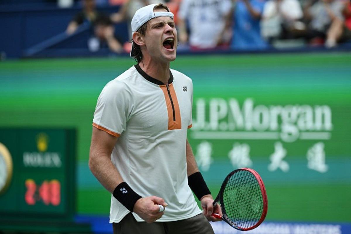 Belgium's Zizou Bergs celebrates after winning against Canada's Gabriel Diallo in their men's singles match at the Shanghai Masters tennis tournament in Shanghai on October 7, 2025. Jade Gao / AFP