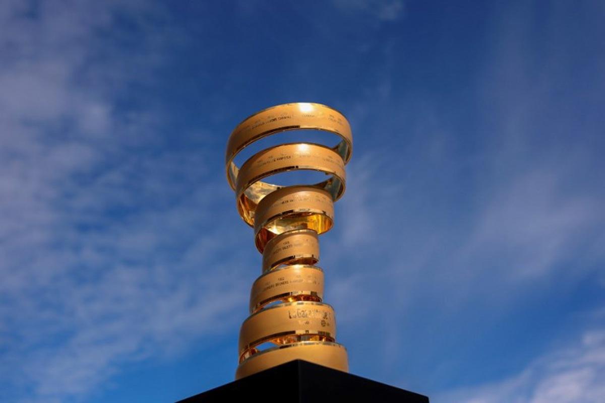 A photograph shows the "Senza FIne" (Infinity) trophy displayed at the end of the stage 1 of the Giro d'Italia 2024 cycling race, 140 km between Venaria Reale and Turin on May 4, 2024. The 107th edition of the Giro d'Italia, with a total of 3400,8 km, departs from Veneria Reale near Turin on May 4, 2024 and will finish in Rome on May 26, 2024. Fabio FERRARI / POOL / AFP