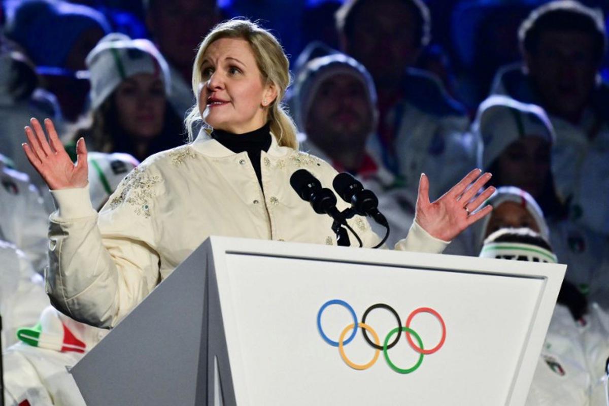 President of the International Olympic Committee (IOC) Kirsty Coventry delivers a speech at the closing ceremony of the Milano Cortina 2026 Winter Olympic Games at the Verona Arena in Verona, northern Italy, on February 22, 2026. Stefano RELLANDINI / AFP