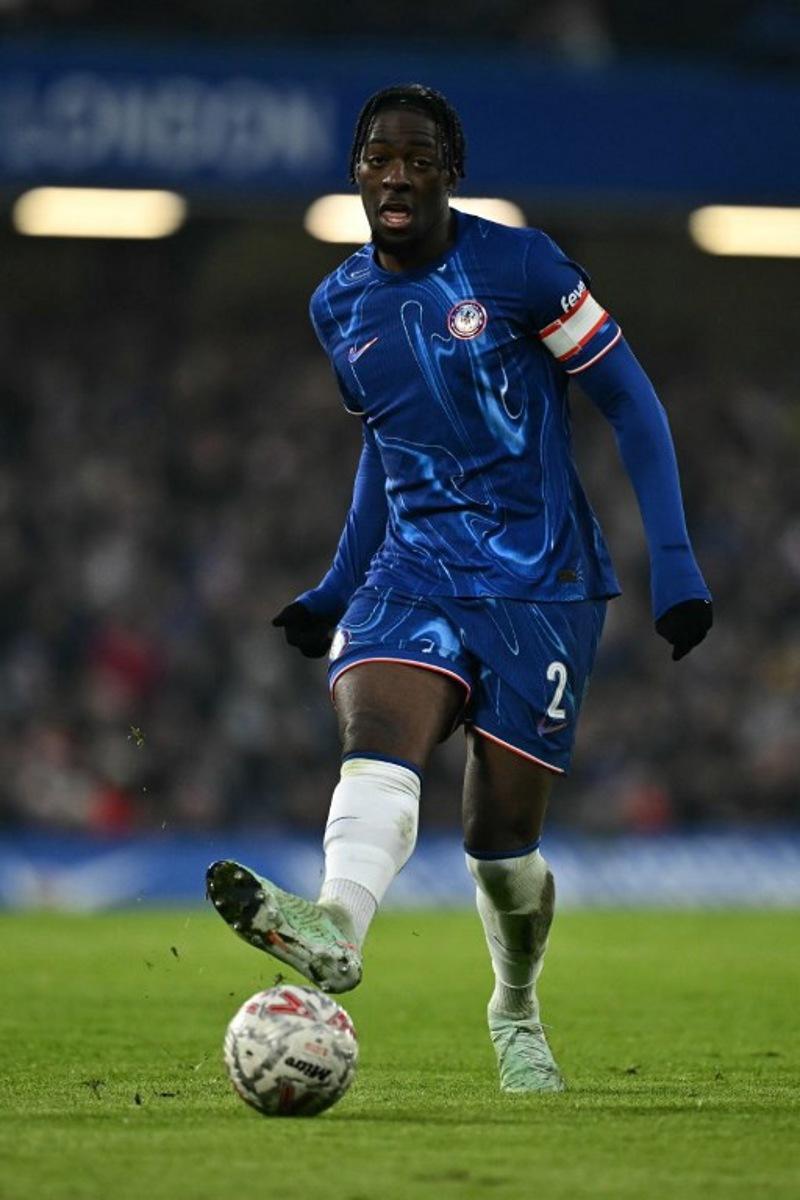 Chelsea's French defender #02 Axel Disasi passes the ball during the English FA Cup third round football match between Chelsea and Morecambe at Stamford Bridge in London on January 11, 2025. Ben STANSALL / AFP