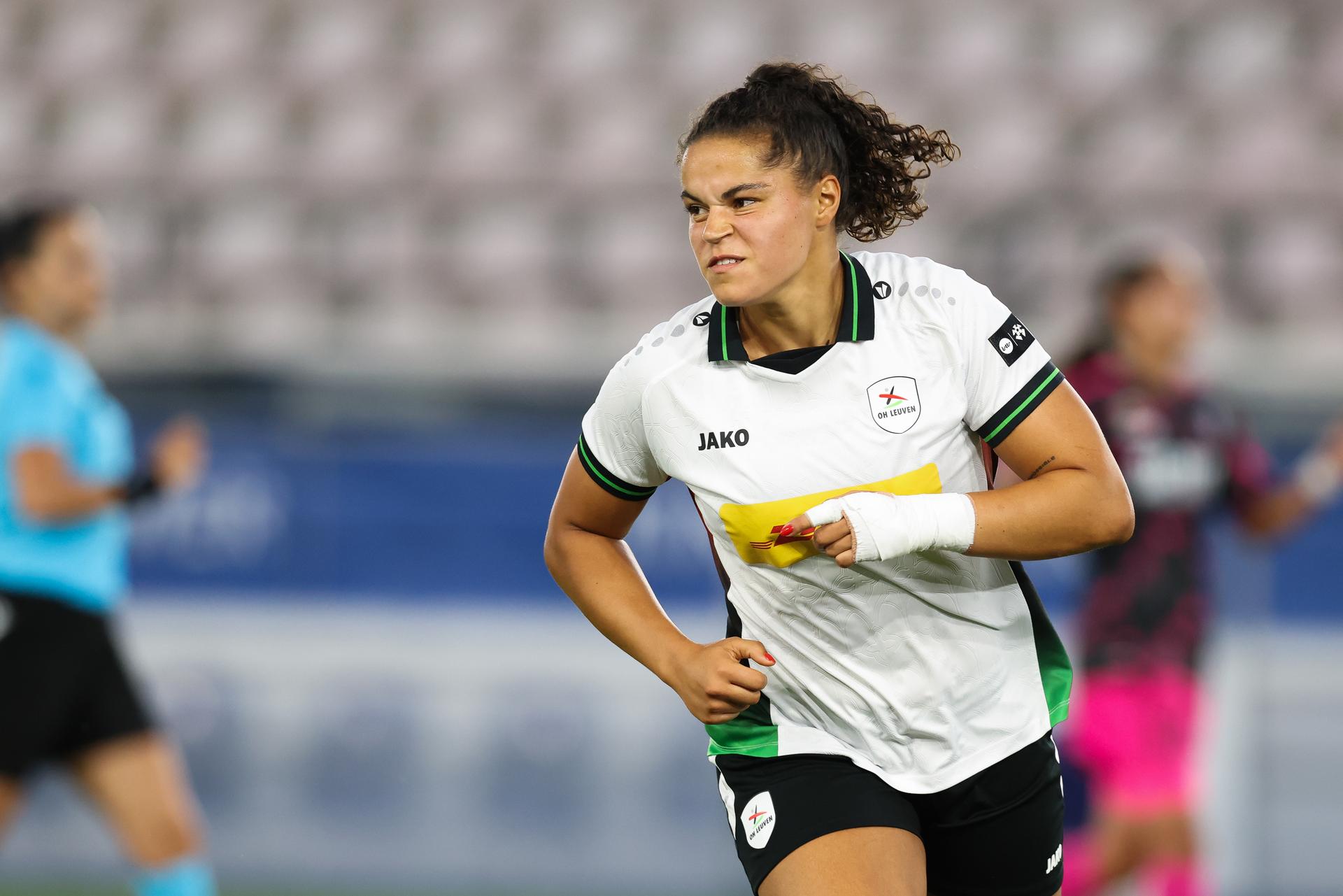 OHL Women's Jada Conijnenberg celebrates after scoring during a game between Oud-Heverlee Leuven Women and Serbian club TSC Backa Topola, Wednesday 5th of August 2026, in Leuven, a second round qualification game in the UEFA Women's Champions League. BELGA PHOTO BRUNO FAHY