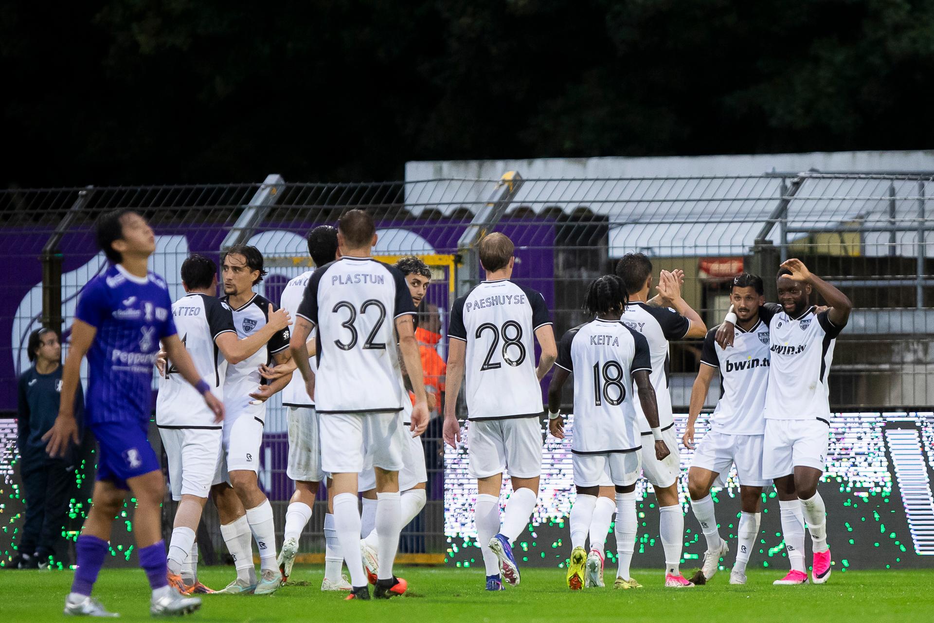 Eupen players celebrate after scoring during a soccer match between Patro Eisden Maasmechelen and KAS Eupen, Sunday 13 September 2026 in Maasmechelen, on day 5 of the 2026-2027 'Challenger Pro League' second highest division of the Belgian championship. BELGA PHOTO KRISTOF VAN ACCOM