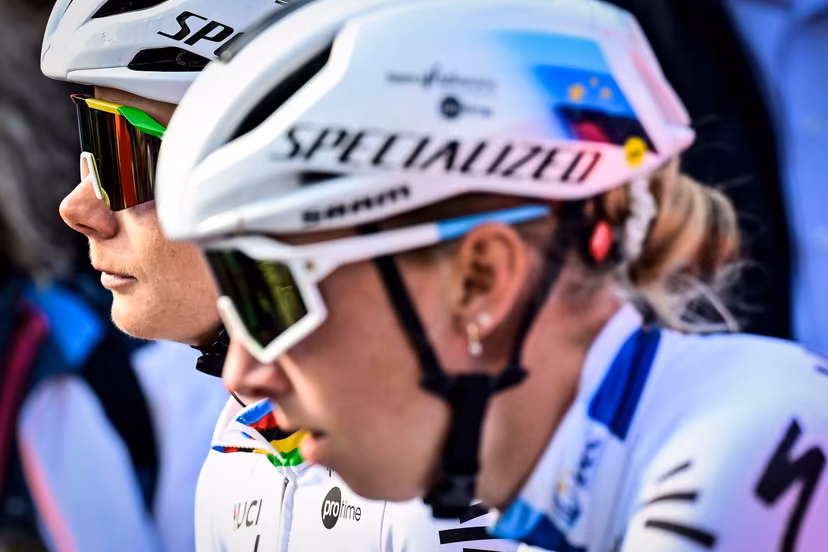 Belgian Lotte Kopecky of SD Worx-Protime and Dutch Lorena Wiebes of SD Worx-Protime pictured at the start of the women elite 'Amstel Gold Race' one day cycling race, 157,4 km from Maastricht to Valkenburg, The Netherlands, Sunday 20 April 2025. BELGA PHOTO DIRK WAEM