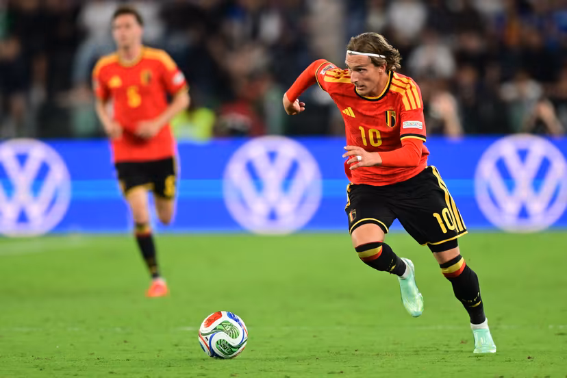 Belgium's Mika Godts pictured in action at a soccer game between the Red Devils, the Belgian national soccer team and Italy for the opening game of the UEFA Nations League, in Rome, on Friday 25 September 2026. BELGA PHOTO DIRK WAEM