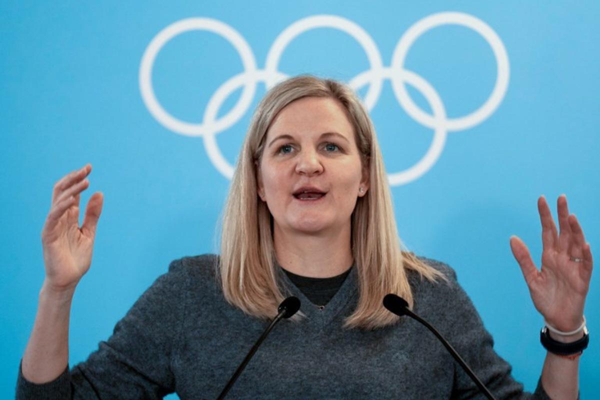 IOC President Kirsty Coventry gestures during the IOC session at the Milano Cortina 2026 Winter Olympic Games in Milan on February 22, 2026. Luca Bruno / POOL / AFP