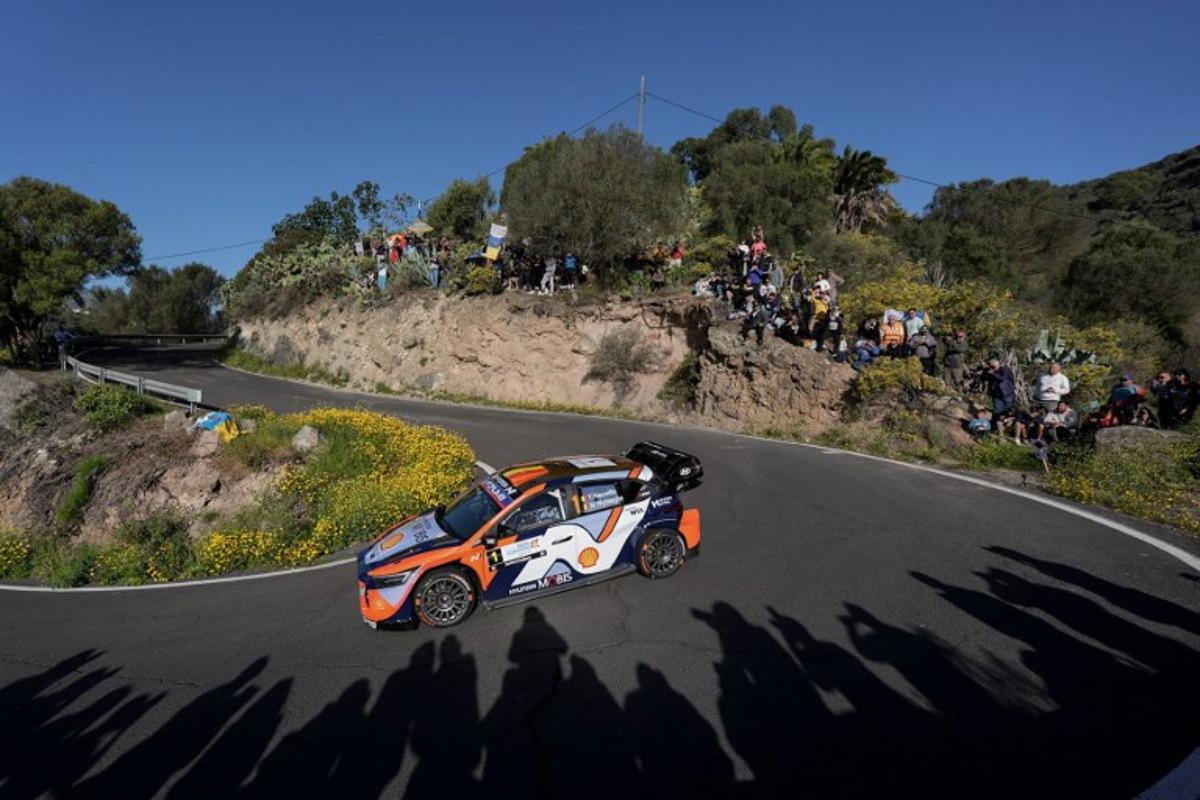Thierry Neuville of Belgium and his co-driver Martijn Wydaeghe of Belgium compete in their Hyundai i20 N during the shakedown preliminary stage of the World Rally Championship (WRC) Rally Islas Canarias on the island of Gran Canaria in Spain's Canary Islands, on April 24, 2025. Manaure QUINTERO / AFP