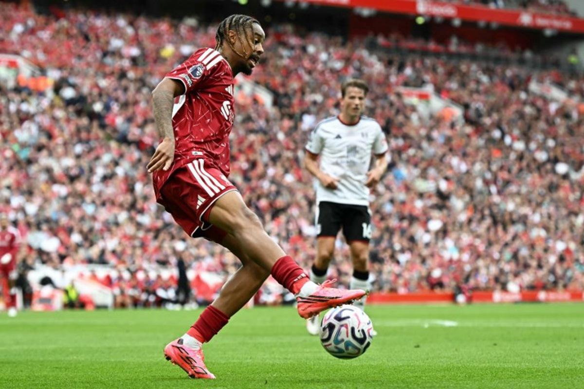Liverpool's French midfielder #29 Bradley Barcola controls the ball during the English Premier League football match between Liverpool and Fulham at Anfield in Liverpool, north west England on September 12, 2026. Paul ELLIS / AFP