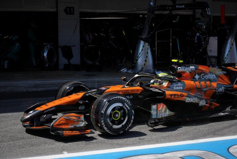 McLaren British driver Lando Norris's car exits the pit stop during the Catalonia Formula One Grand Prix at the Circuit de Catalunya in Montmelo, on the outskirts of Barcelona, on June 14, 2026. Manaure QUINTERO / POOL / AFP
