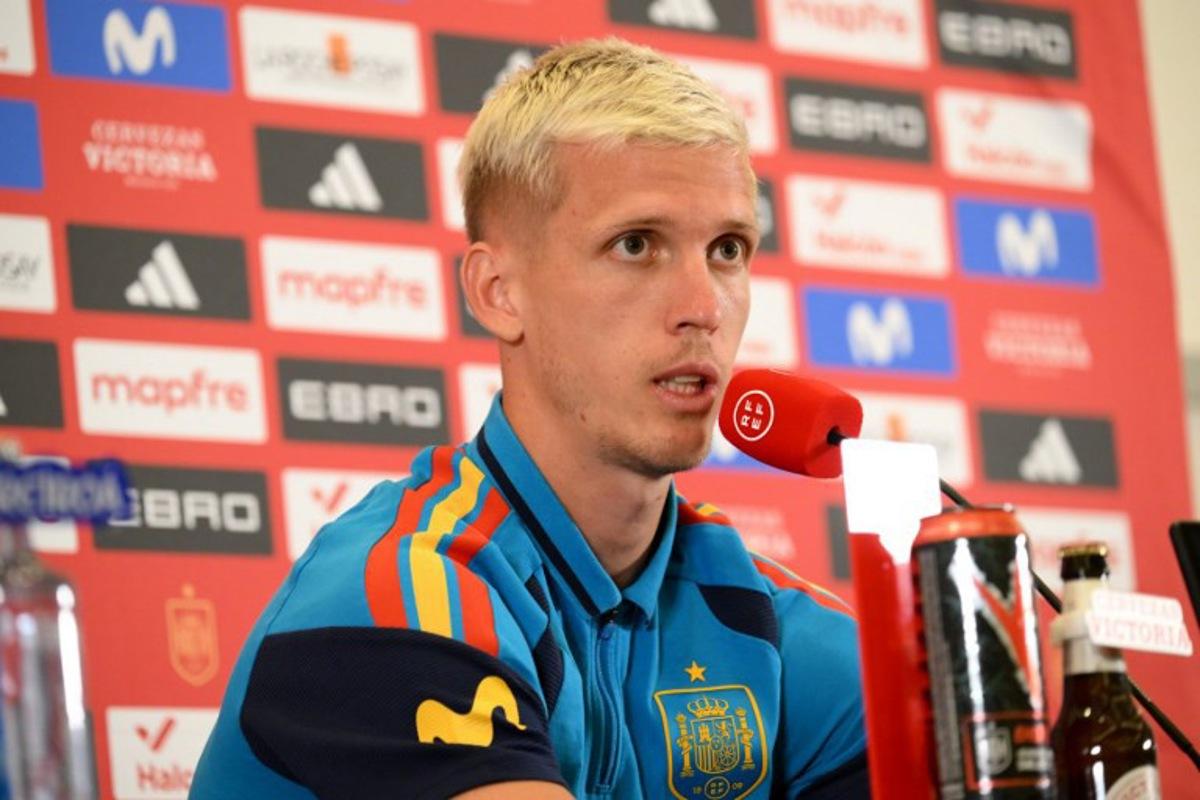 Spain's forward #10 Dani Olmo gives a press conference in Manhattan Beach, California on July 8, 2026, during the 2026 World Cup football tournament. Patrick T. Fallon / AFP
