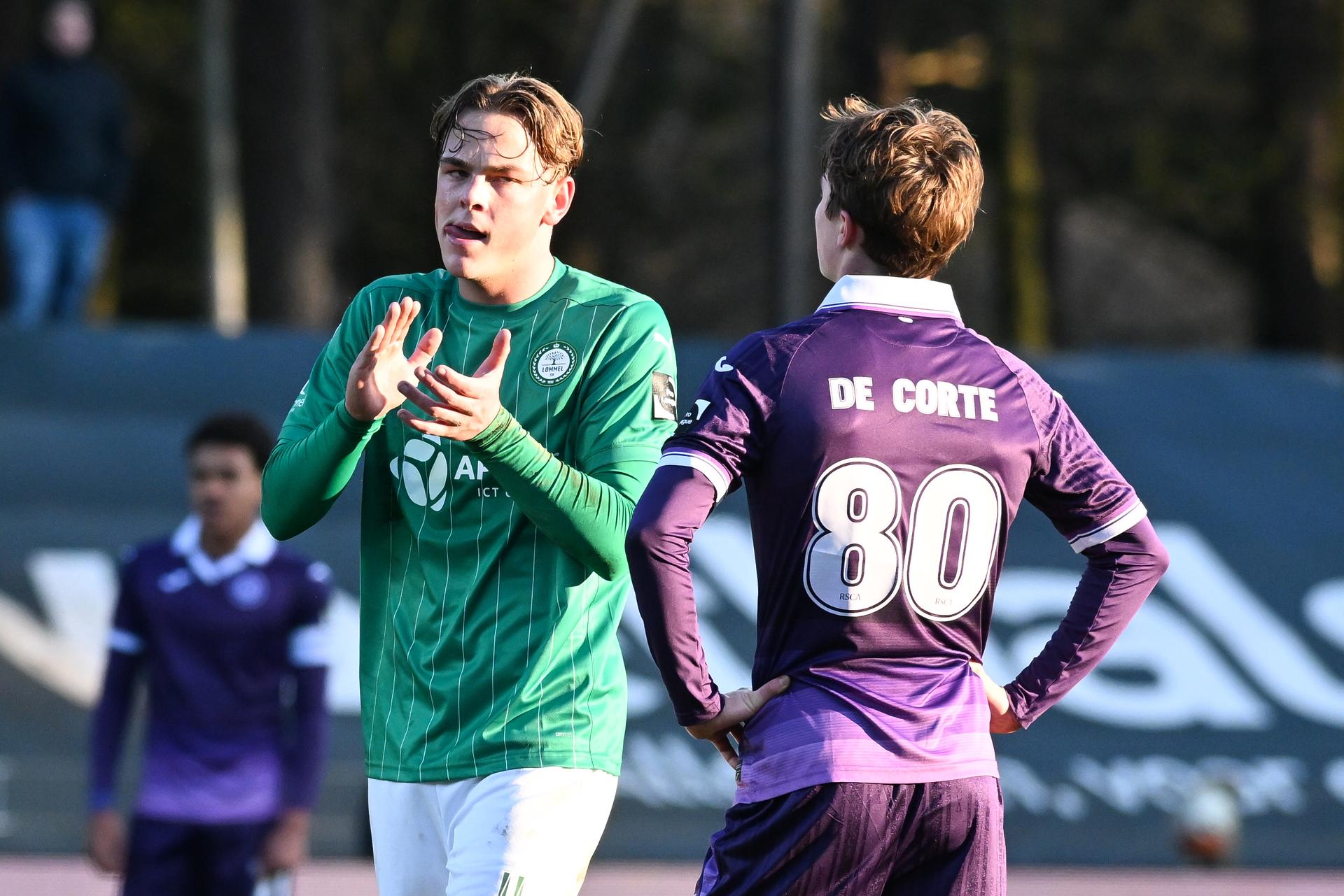 Lommel's Robin van Duiven celebrates after scoring during a soccer game between Lommel SK and RSCA Futures, Saturday 14 February 2026 in Lommel, on day 25 of the 2025-2026 'Challenger Pro League' 1B second division of the Belgian championship. BELGA PHOTO JILL DELSAUX