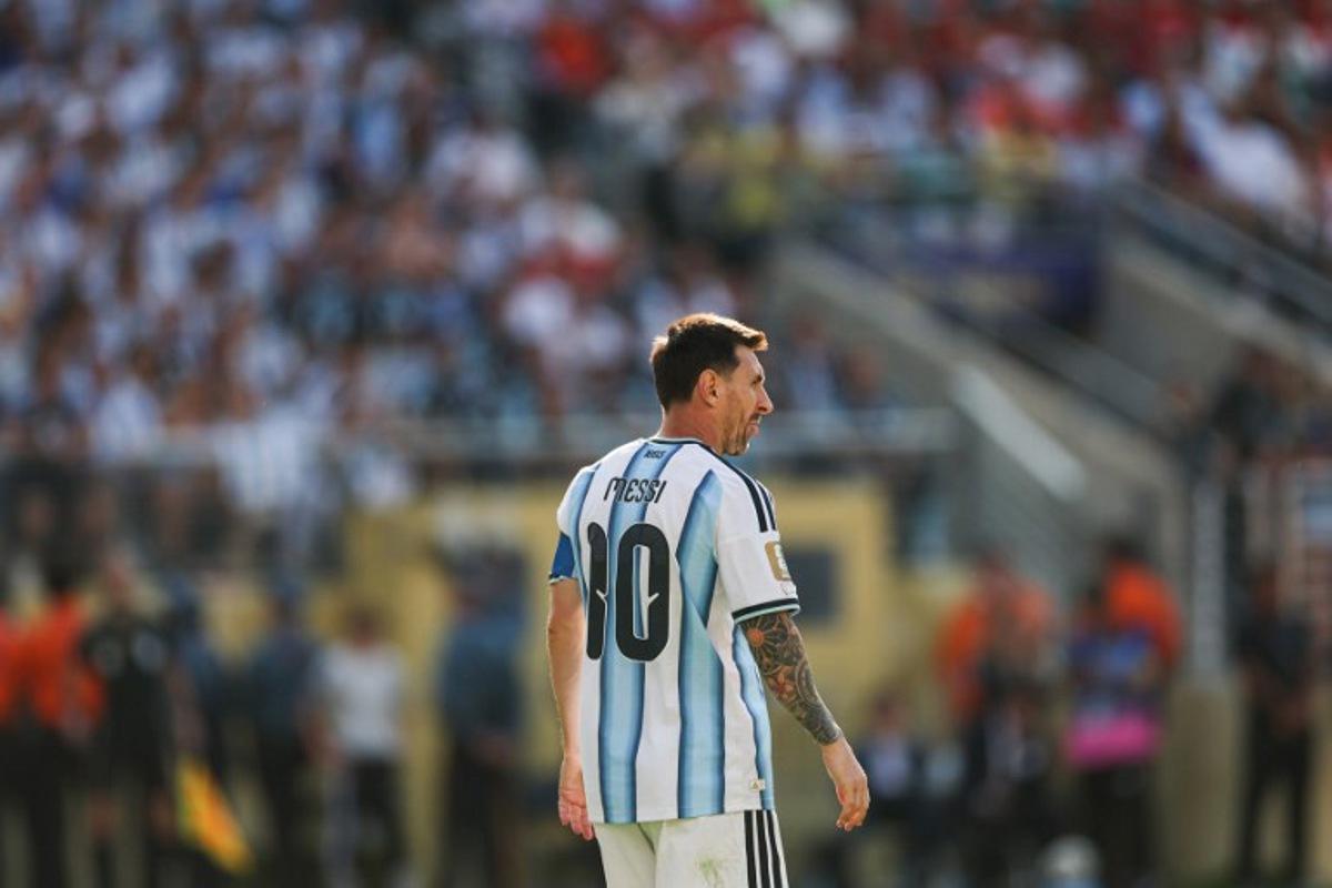 Argentina's forward #10 Lionel Messi reacts during the 2026 World Cup football tournament final match between Spain and Argentina at the New York/New Jersey Stadium in East Rutherford on July 19, 2026. PATRICIA DE MELO MOREIRA / AFP