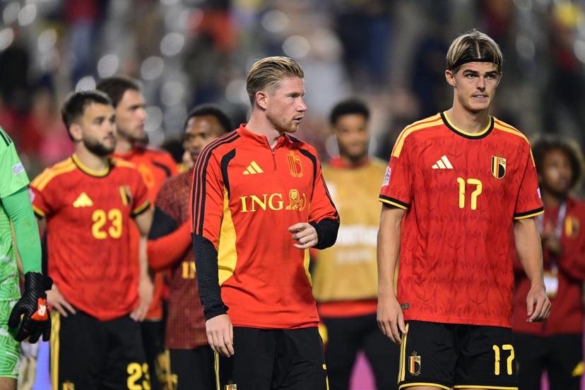 Belgium's Kevin De Bruyne and Belgium's Charles De Ketelaere pictured after a soccer game between Belgian national team Red Devils and France, on Monday 28 September 2026 in Brussels, the second game of the UEFA Nations League group stage. BELGA PHOTO DIRK WAEM