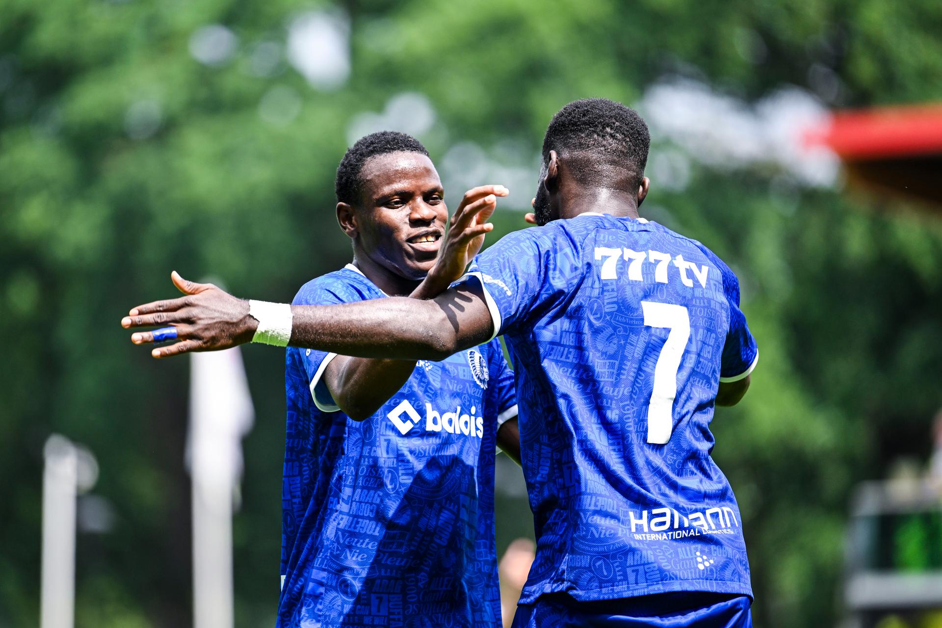 Gent's Hyllarion Goore and Gent's Wilfried Kanga celebrate after scoring during a friendly game between KAA Gent and Dutch FC Twente, at the summer training camp of Belgian first division soccer team KAA Gent in De Lutte, Losser, the Netherlands on Saturday 18 July 2026, to prepare for the upcoming 2026-2027 season. BELGA PHOTO TOM GOYVAERTS