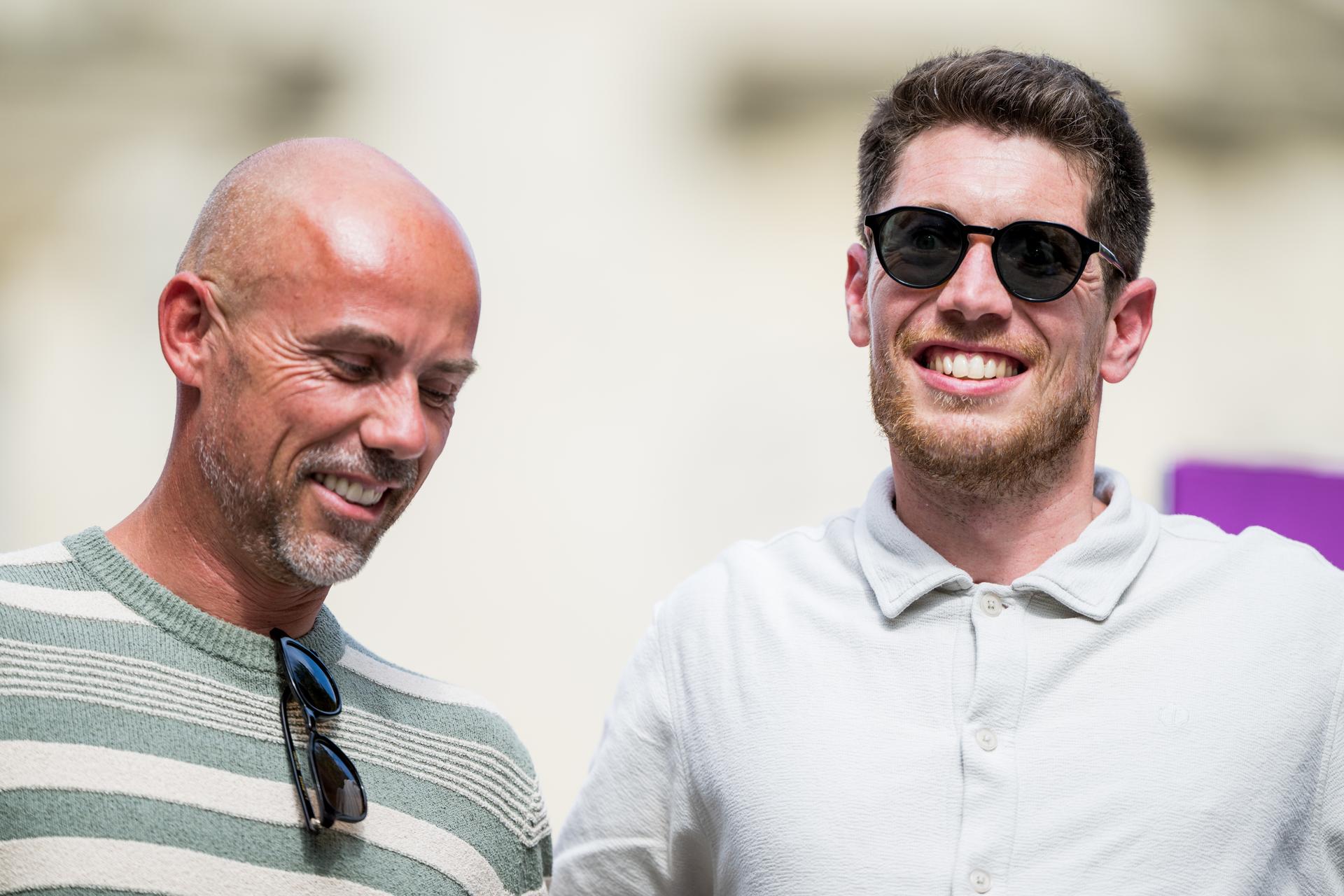 Baloise Verzekeringen-Het Poetsbureau Lions team manager Sven Nys and Former Belgian cyclist Stig Broeckx pictured during stage 1 of the Baloise Belgium Tour cycling race, 187,9 km with start and finish in Scherpenheuvel-Zichem, Wednesday 17 June 2026. The Baloise Belgium Tour takes place from 17 to 21 June. BELGA PHOTO JASPER JACOBS