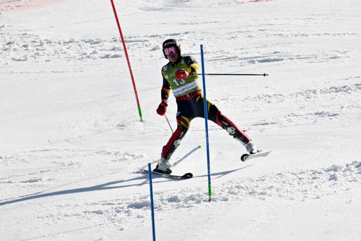 Belgium's Armand Marchant competes in the second run of the Men's Slalom event, part of FIS Alpine Ski World Cup 2025-2026 in Kranjska Gora, Slovenia on March 8, 2026. JURE MAKOVEC / AFP
