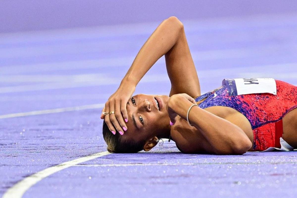 US' Anna Hall reacts after competing in the women's heptathlon 800m of the athletics event at the Paris 2024 Olympic Games at Stade de France in Saint-Denis, north of Paris, on August 9, 2024. Martin BERNETTI / AFP