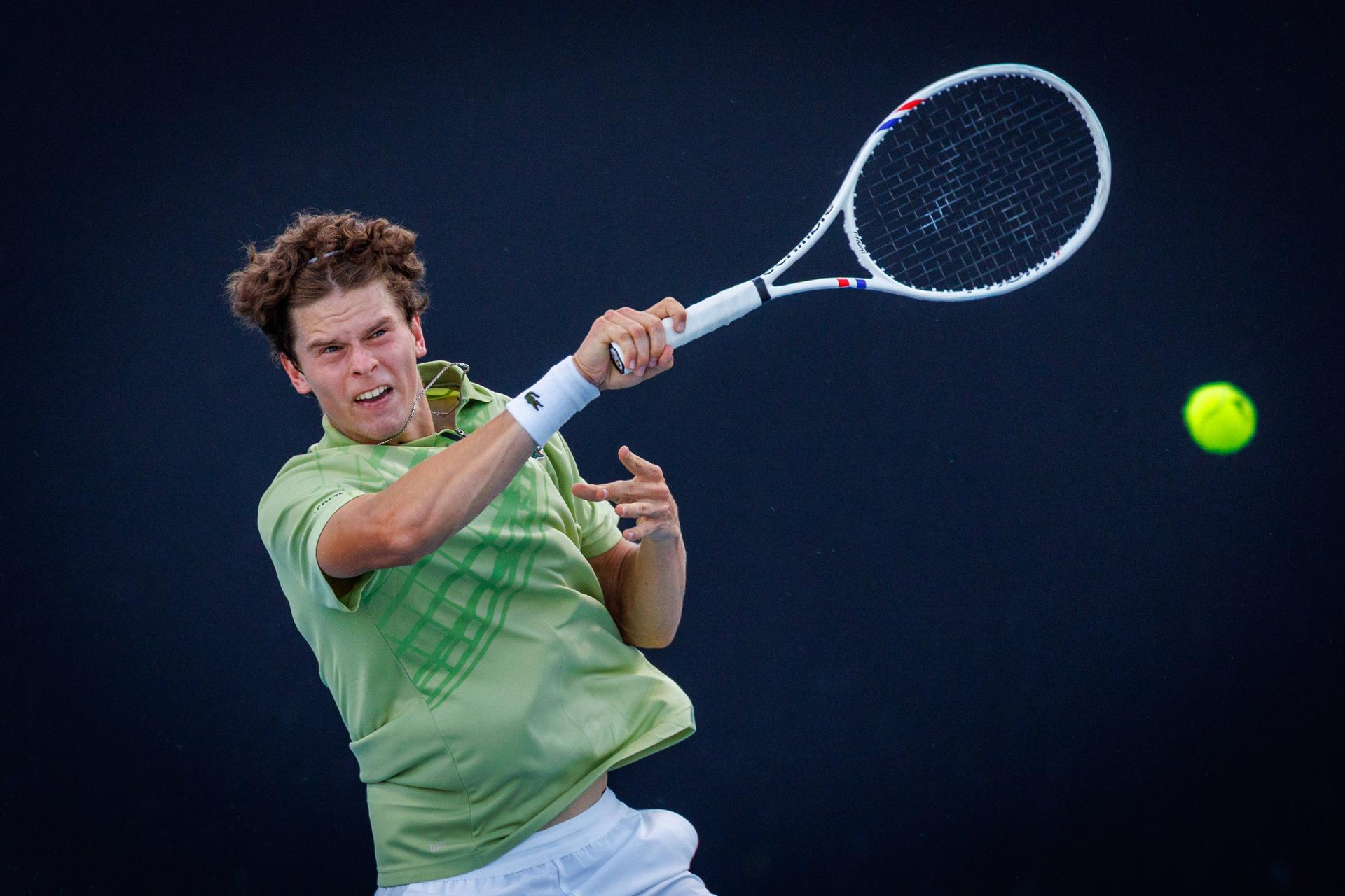 Belgium's Alexander Blockx pictured in action during a first round match in the men's singles against Portuguese Faria at the Australian Open, Melbourne Park, Melbourne on Sunday 18 January 2026. BELGA PHOTO PATRICK HAMILTON --- BENELUX ONLY ---