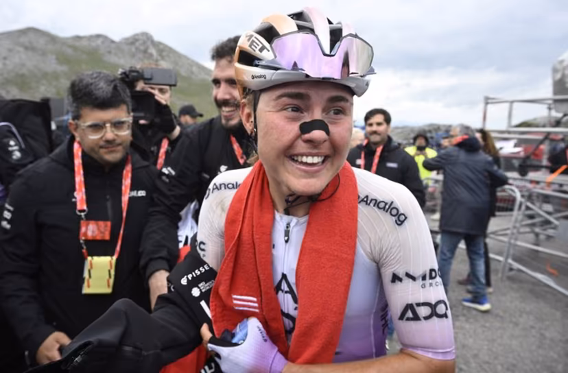 Overall leader team UAE ADQ's Spanish rider Paula Blasi Cairol celebrates winning the 2026 La Vuelta Femenina cycling tour of Spain, at Alto de l'Angliru, on May 9, 2026. Miguel RIOPA / AFP