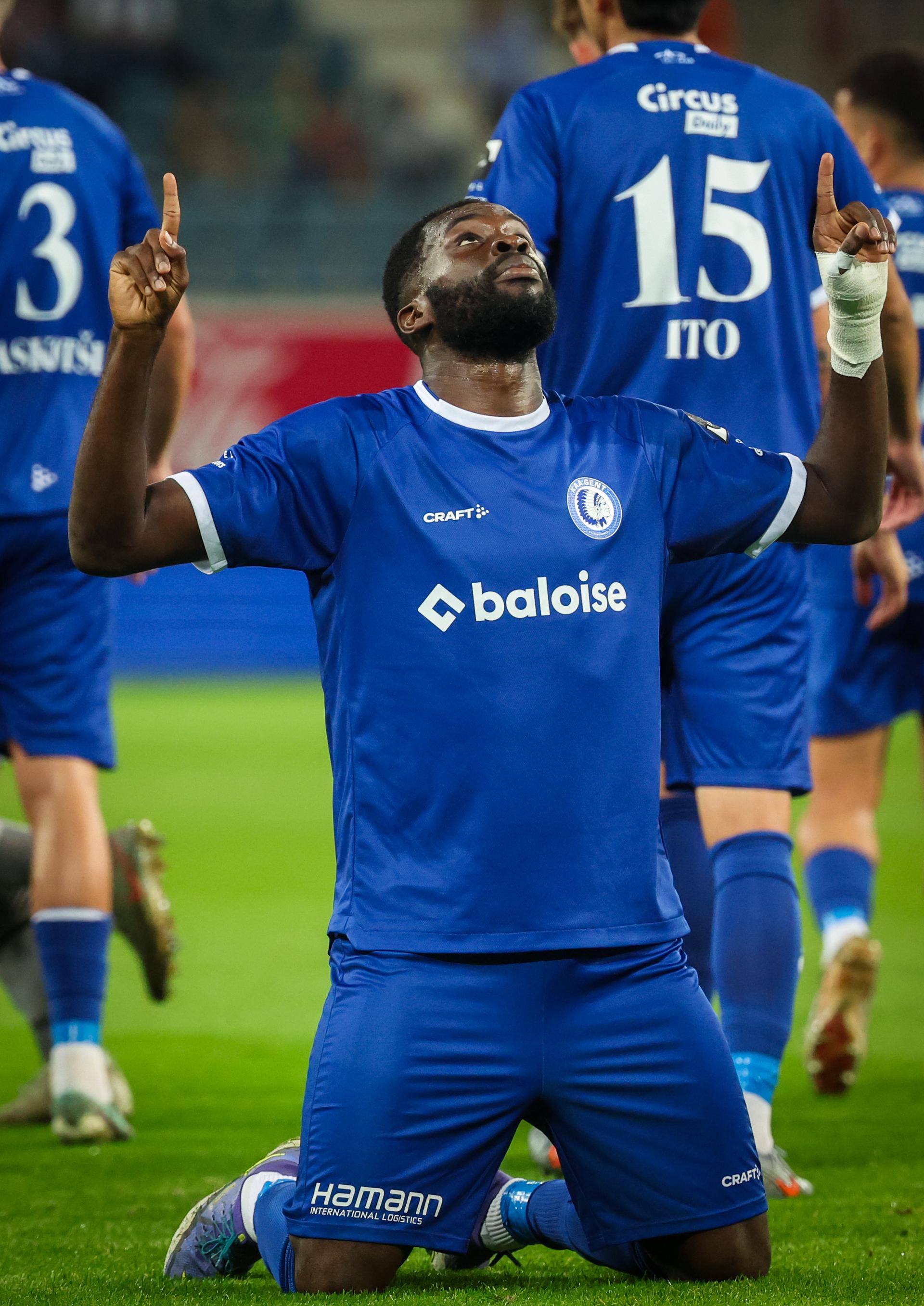 Gent's Wilfried Kanga celebrates after scoring during a soccer match between KAA Gent and FCV Dender EH, Friday 19 September 2025 in Gent, on day 8 of the 2025-2026 'Jupiler Pro League' first division of the Belgian championship. BELGA PHOTO VIRGINIE LEFOUR