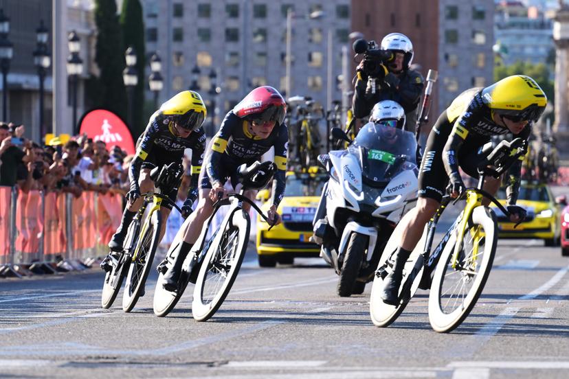 Danish Jonas Vingegaard of Team Visma-Lease a Bike (C) pictured in action during the first stage of the 2026 Tour de France cycling race, a team time trial of 19km with start and finish in Barcelona, Spain, Saturday 04 July 2026. The 113th edition of the Tour de France starts on Saturday 4 July in Barcelona, Spain, and will finish in Paris, France on the 26th of July. BELGA PHOTO DAVID PINTENS