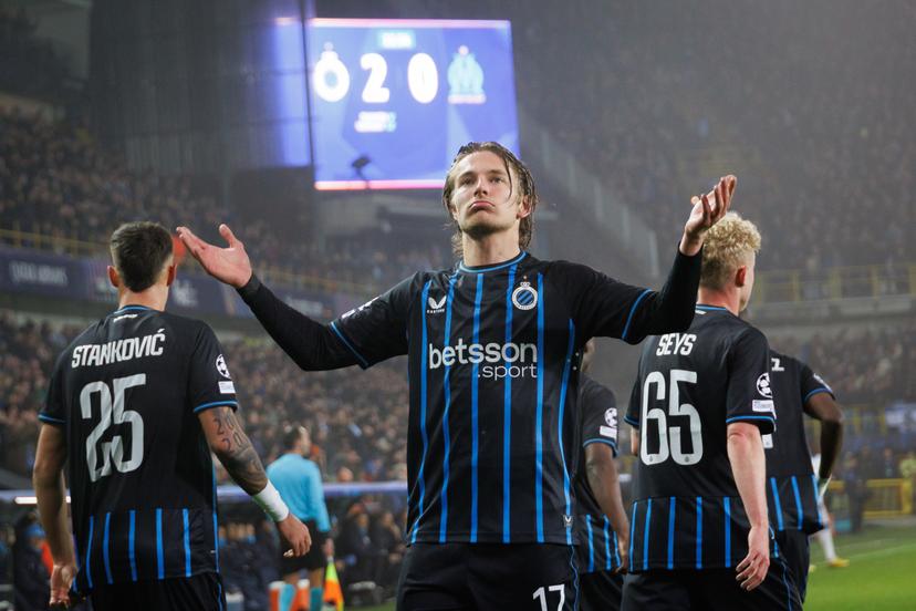 Club's Romeo Vermant celebrates after scoring during a soccer game between Belgian Club Brugge and French Olympique de Marseille, Wednesday 28 January 2026 in Brugge, on day eight of the League phase of the UEFA Champions League tournament. BELGA PHOTO KURT DESPLENTER