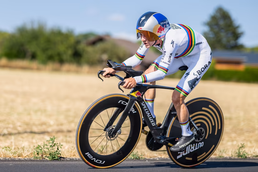 Belgian Remco Evenepoel of Red Bull-BORA-hansgrohe pictured in action during the stage 16 of the 2026 Tour de France cycling race, an individual Time Trial stage of 26km from Evian-les-Bains to Thonon-les-Bains, on Tuesday 21 July 2026. The 113th edition of the Tour de France starts on Saturday 4 July in Barcelona, Spain, and will finish in Paris, France on the 26th of July. BELGA PHOTO DAVID PINTENS