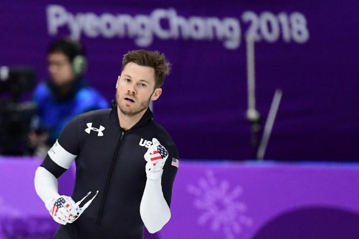 USA's Joey Mantia reacts after competing in the men's 1,000m speed skating event during the Pyeongchang 2018 Winter Olympic Games at the Gangneung Oval in Gangneung on February 23, 2018. Roberto SCHMIDT / AFP