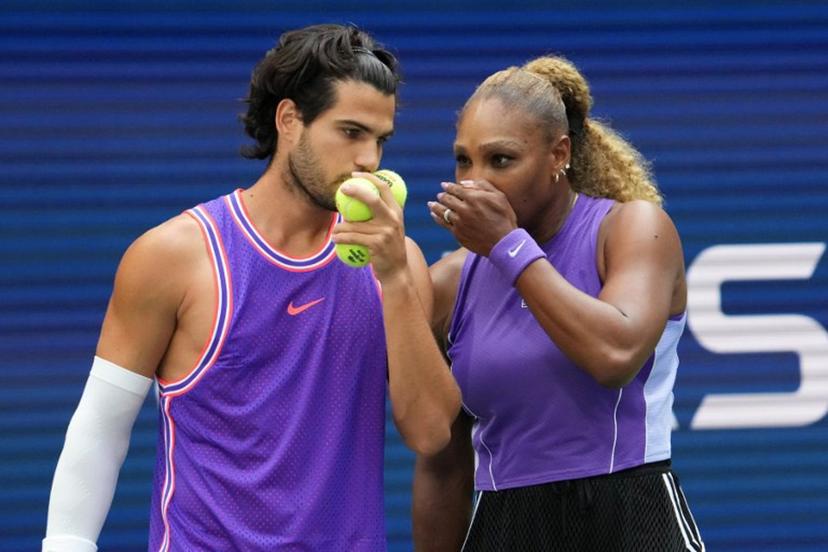 Spain's Carlos Alcaraz and USA's Serena Williams confer during Fan Week as part of the 2026 US Open tennis tournament at the USTA Billie Jean King National Tennis Center in New York, on August 25, 2026. TIMOTHY A. CLARY / AFP