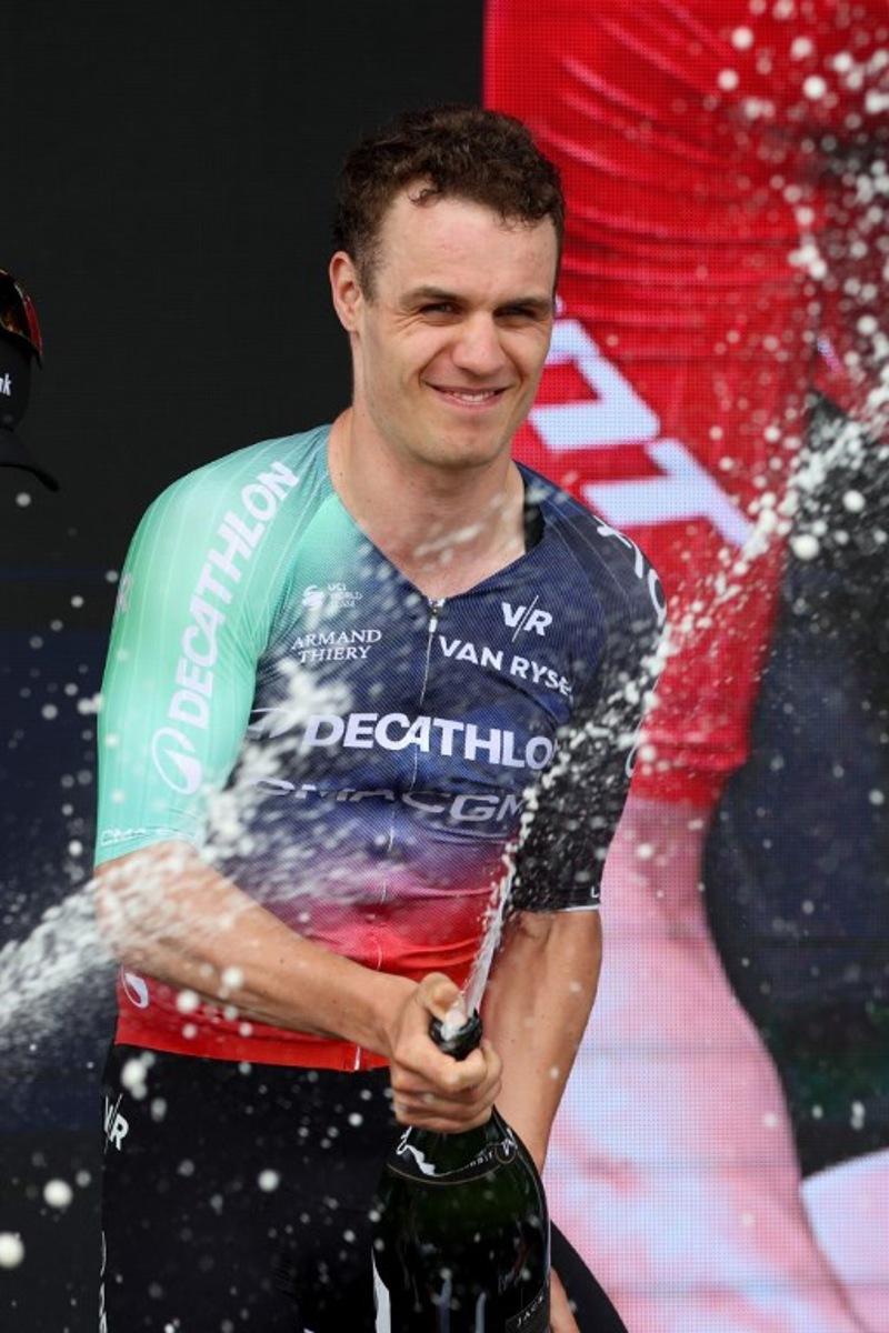 Decathlon CMA CGM Team Danish Tobias Lund Andresen celebrates winning the best young rider award in the 2026 Cadel Evans Great Ocean Men's Elite Road Race in Geelong on February 1, 2026. CHRIS PUTNAM / AFP