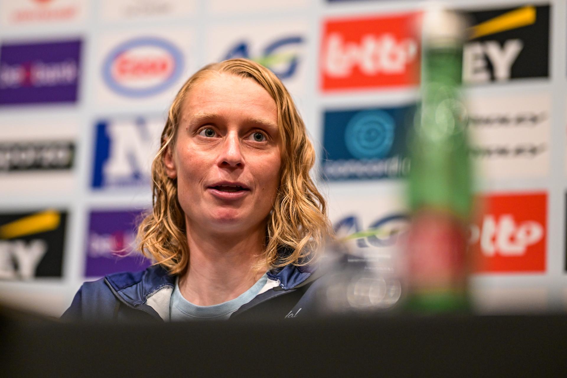 Belgian Lotte Claes is pictured during a press conference ahead of the cycling European Championships, in Ljubljana, Slovenia, Friday 2 October 2026. The UEC road championships are taking place from 03 to 07 October. BELGA PHOTO DAVID PINTENS