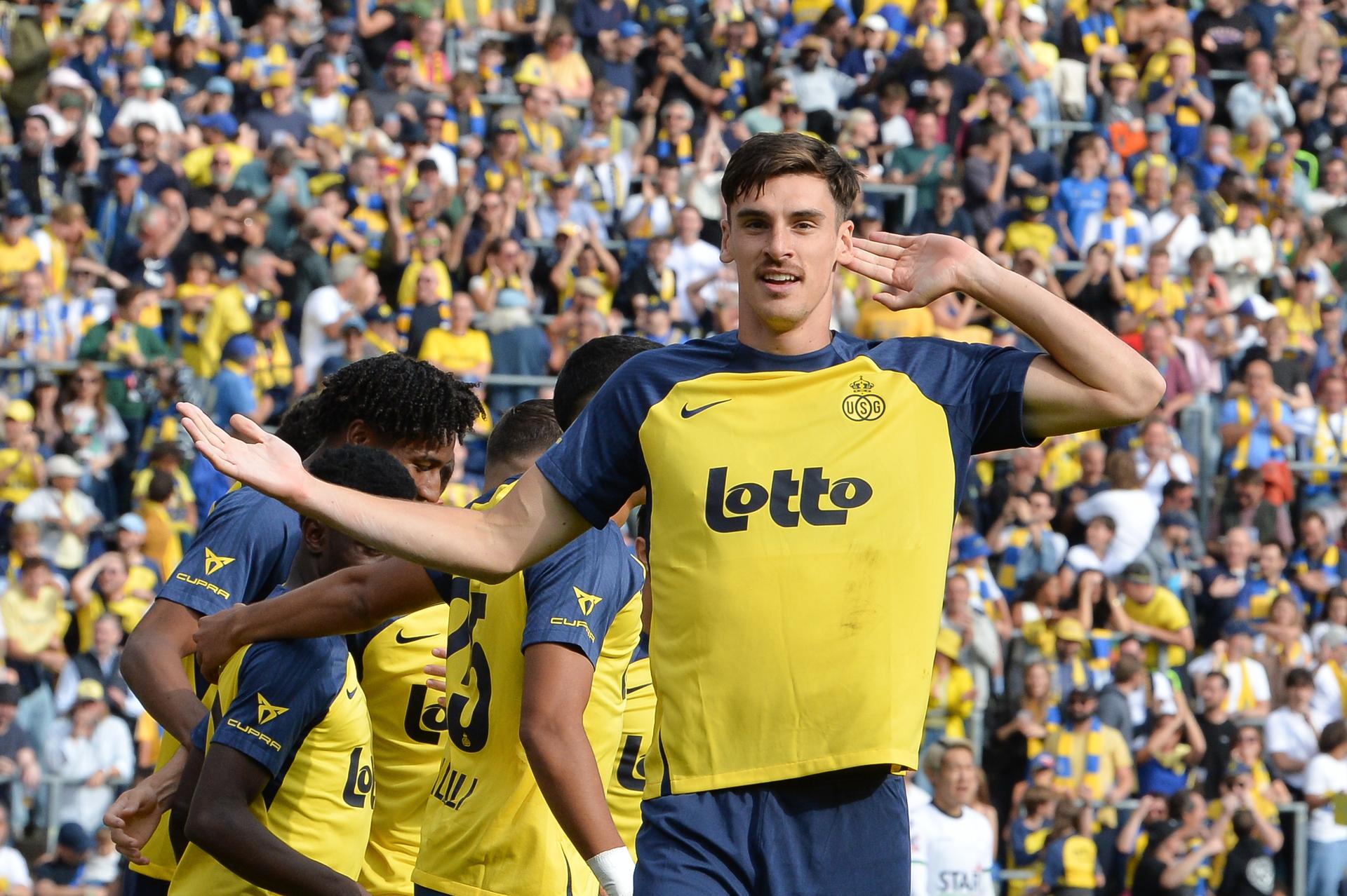 Union's Ross Sykes celebrates after scoring during a soccer match between Royale Union Saint-Gilloise and OH Leuven, Sunday 03 August 2025 in Brussels, on day 2 of the 2025-2026 'Jupiler Pro League' first division of the Belgian championship. BELGA PHOTO JILL DELSAUX