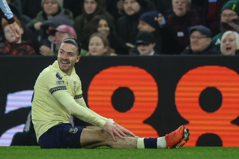 Everton's English midfielder #18 Jack Grealish reacts after being fouled during the English Premier League football match between Aston Villa and Everton at Villa Park in Birmingham, central England on January 18, 2026. Darren Staples / AFP