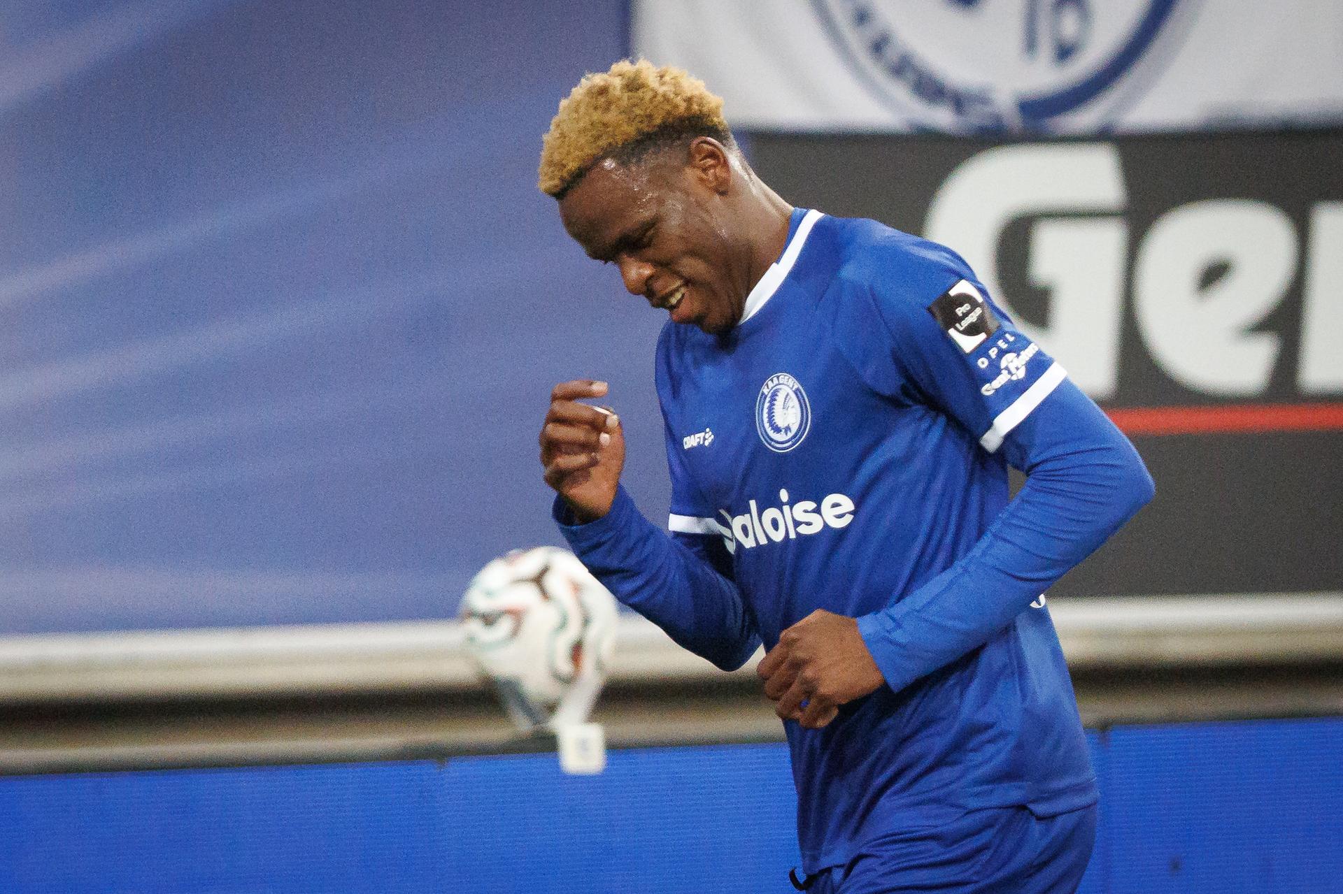 Gent's Hyllarion Goore celebrates after scoring during a soccer match between KAA Gent and KVC Westerlo, Saturday 27 December 2025 in Gent, on day 20 of the 2025-2026 'Jupiler Pro League' first division of the Belgian championship. BELGA PHOTO KURT DESPLENTER
