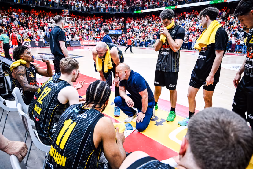 Oostende's head coach Dennis Wucherer pictured during a basketball match between Antwerp Giants and BC Oostende, Saturday 13 June 2026, in Antwerp, the fifth and last deciding match of the Final of the Playoffs of the 'BNXT League' Belgian/ Dutch first division basket championship. BELGA PHOTO TOM GOYVAERTS