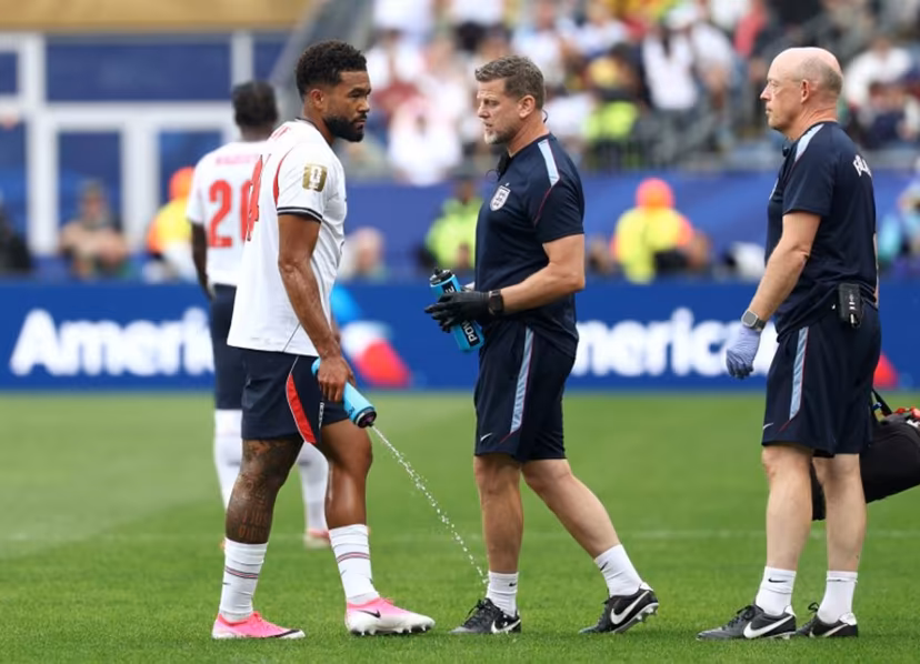 England's defender #24 Reece James reacts during the 2026 World Cup Group L football match between England and Ghana at the Boston Stadium in Foxborough on June 23, 2026. FRANCK FIFE / AFP