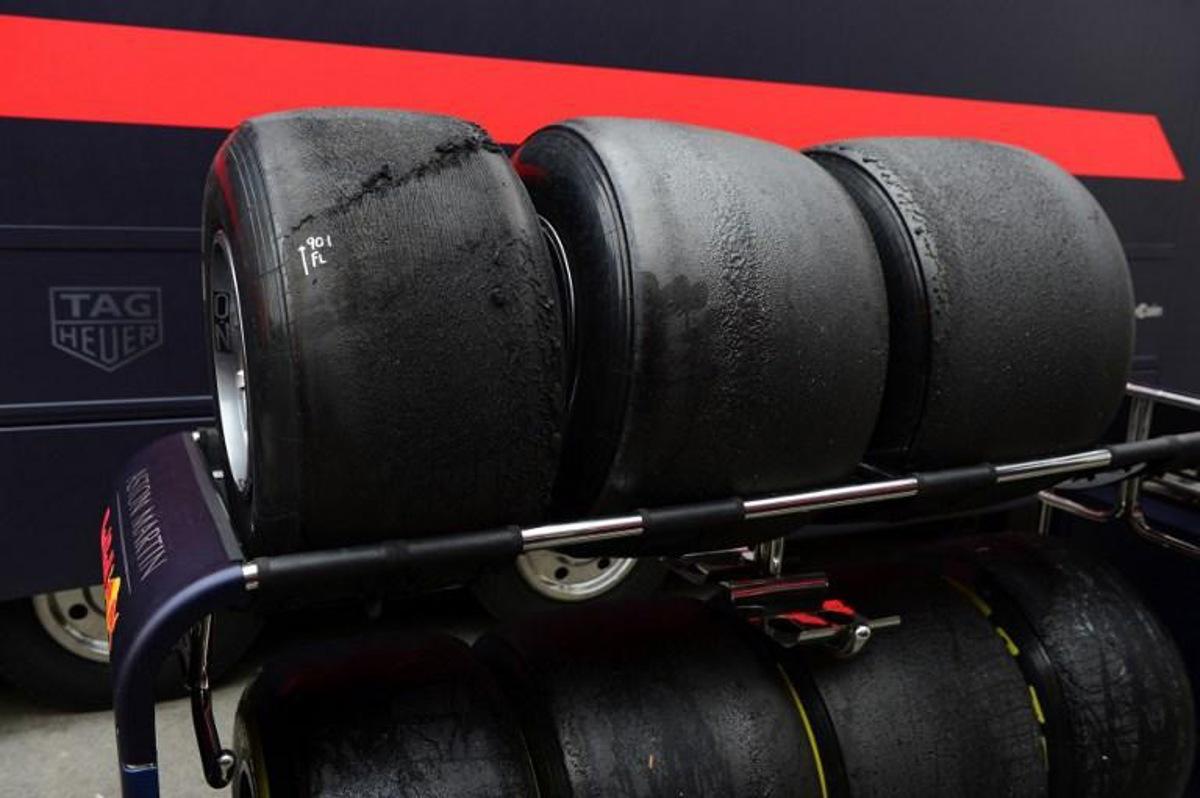 Used tyres are pictured during the tests for the new Formula One Grand Prix season at the Circuit de Catalunya in Montmelo in the outskirts of Barcelona on February 20, 2019. Josep LAGO / AFP