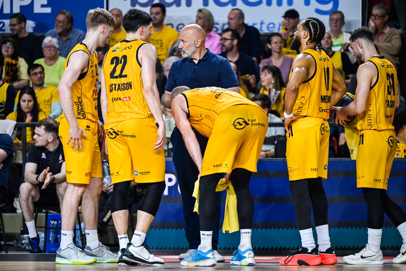 Oostende's head coach Dennis Wucherer looks dejected during a basketball match between BC Oostende and Antwerp Giants, Thursday 11 June 2026, in Oostende, game 4 (out of 5) in the Playoffs final of the 'BNXT League' Belgian/ Dutch first division basket championship. BELGA PHOTO TOM GOYVAERTS