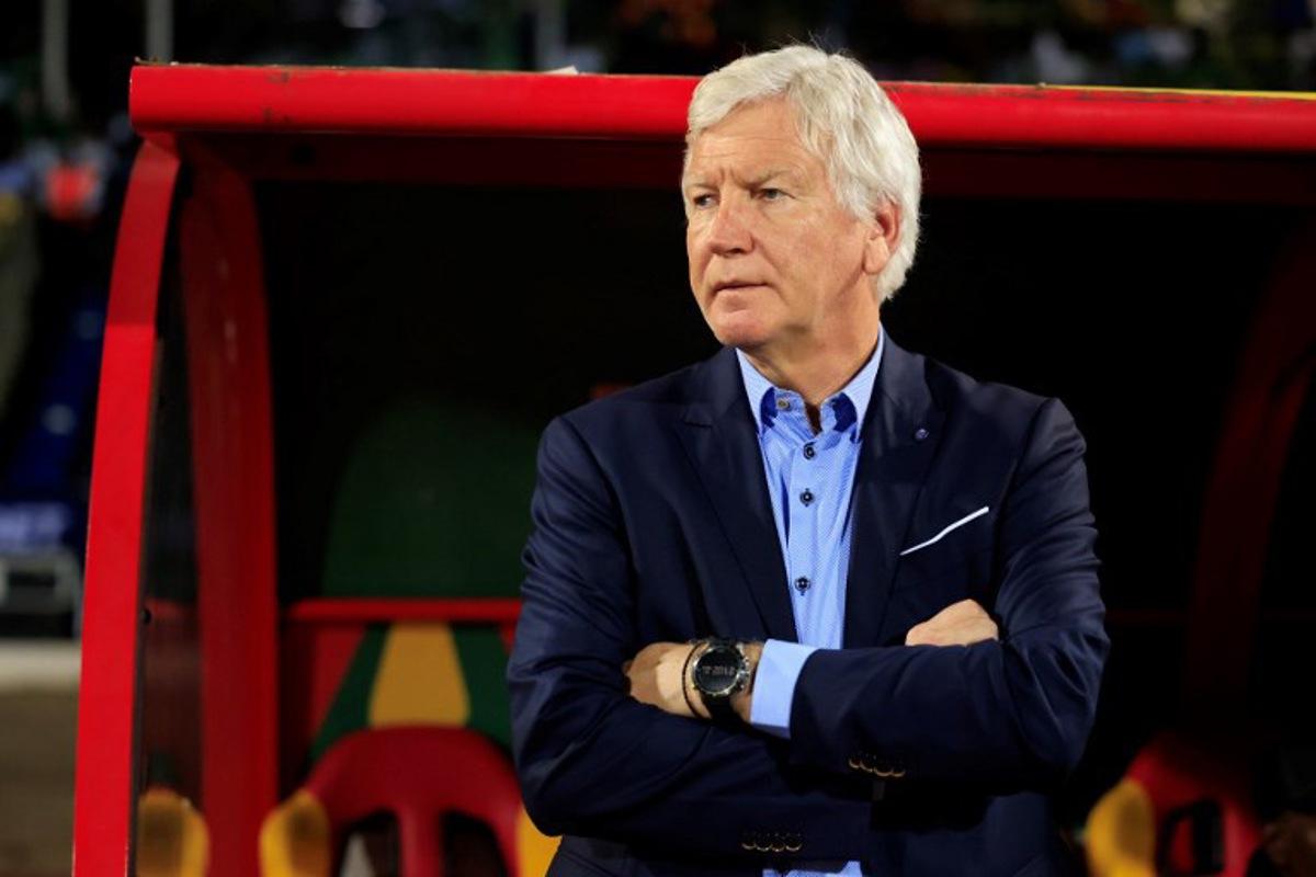 Cameroon's Belgian headcoach Marc Brys reacts during the FIFA World Cup 2026 Africa qualifiers group D match between Cameroon and Libya at the Omnisports Ahmadou-Ahidjo Stadium in Yaounde on March 25, 2025. Daniel BELOUMOU OLOMO / AFP