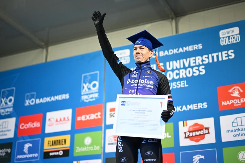 Dutch Lars Van Der Haar is honored on the podium after the men elite race of the 'Brussels Universities' cyclocross cycling event, stage 8/8 in the 'X20 Badkamers Trofee' competition, Sunday 15 February 2026 in Brussels, Belgium. BELGA PHOTO MAARTEN STRAETEMANS