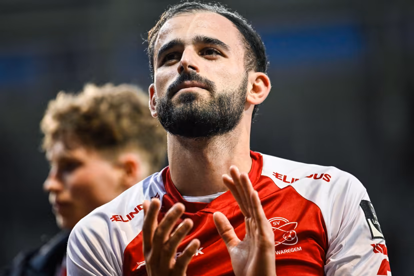 Essevee's Stavros Gavriel celebrates after winning a soccer match between SV Zulte Waregem and FCV Dender EH, Saturday 07 February 2026 in Waregem, on day 24 of the 2025-2026 'Jupiler Pro League' first division of the Belgian championship. BELGA PHOTO TOM GOYVAERTS
