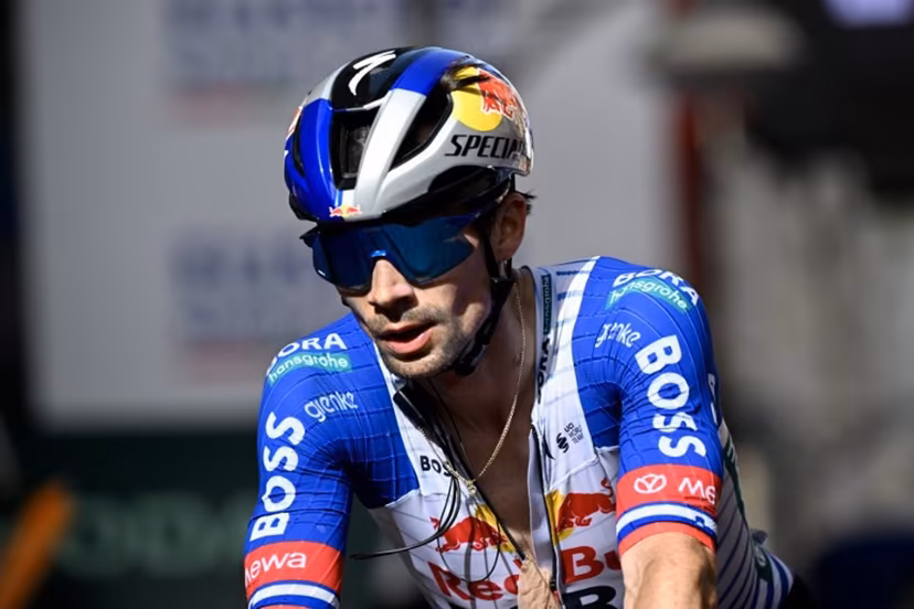 Team Bora's Slovenian rider Primoz Roglic, second placed in the overall standings, crosses the finish line of the fifth stage of the Basque Country's Itzulia cycling tour, a 176.2 km race starting and finishing in Eibar, on April 10, 2026. ANDER GILLENEA / AFP