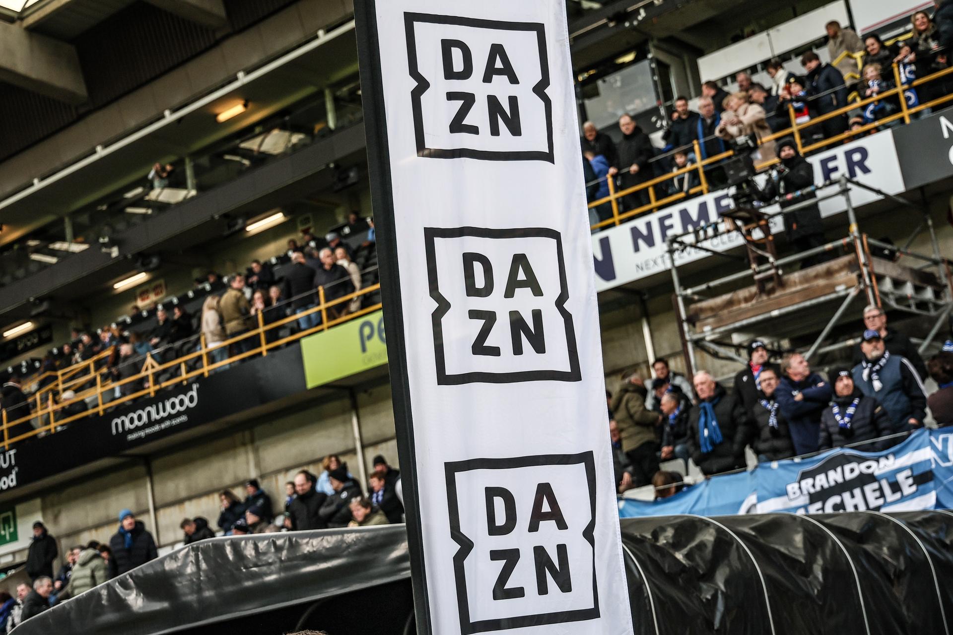 this picture shows and DAZN logo at the start of a soccer match between Club Brugge and Royal Antwerp FC, Sunday 30 November 2025 in Brugge, on day 16 of the 2025-2026 'Jupiler Pro League' first division of the Belgian championship. BELGA PHOTO BRUNO FAHY