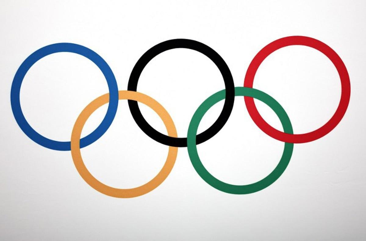A photo shows the Olympic rings logo during a press conference after an International Olympic Committee (IOC) Executive Board committee meeting in Paris, on November 30, 2023. FRANCK FIFE / AFP