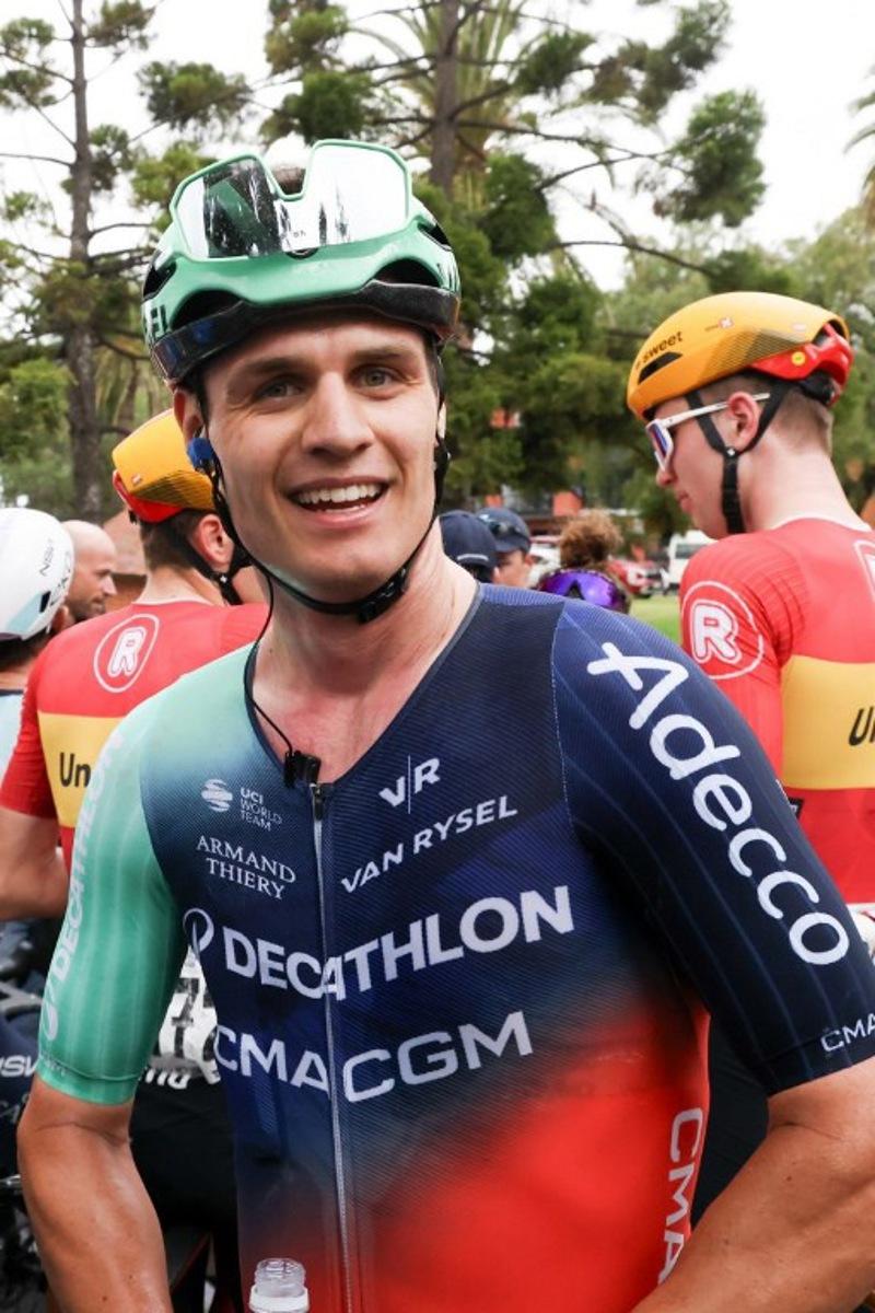 Decathlon CMA CGM Team Danish Tobias Lund Andresen celebrates after winning the 2026 Cadel Evans Great Ocean Men's Elite Road Race in Geelong on February 1, 2026. CHRIS PUTNAM / AFP