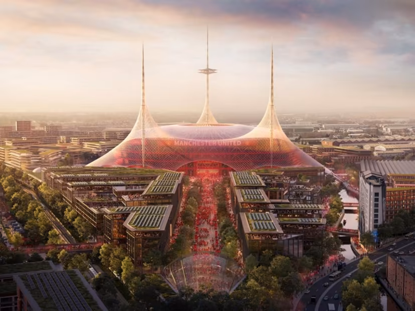 A handout image received from Manchester United on March 11, 2025, shows Foster + Partners' illustration of a proposed new 100,000-seat stadium, unveiled as part of the regeneration of the Old Trafford area. Manchester United on Tuesday announced plans to build a new 100,000-capacity stadium close to their historic Old Trafford home, with co-owner Jim Ratcliffe promising it would be the "world's greatest" football ground. The momentous decision by the Premier League club comes after an extensive consultation process on whether to develop their creaking current ground or move. Manchester United / AFP