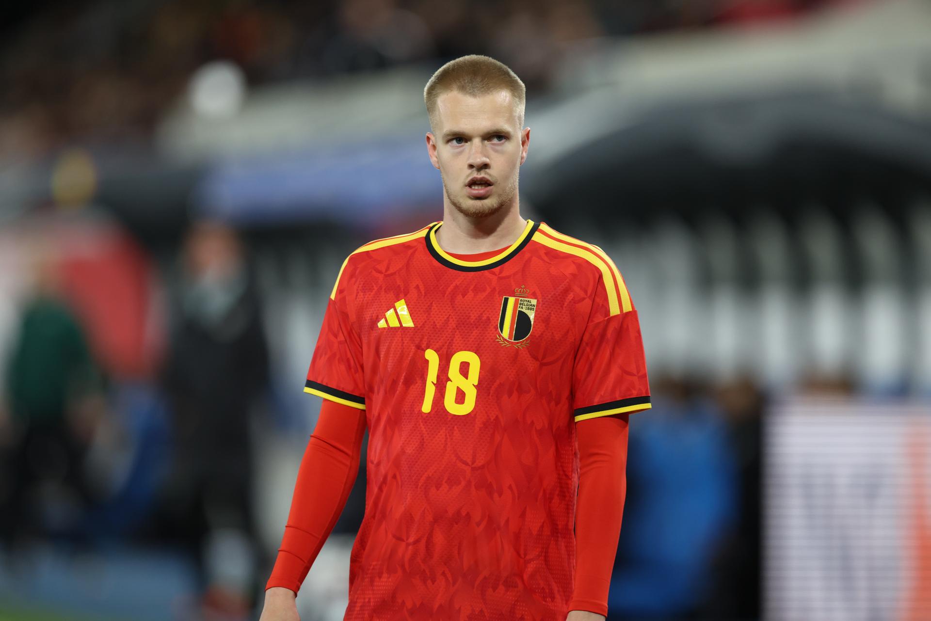 Belgian Arthur Vermeeren pictured during a game of the Belgian national soccer team Red Devils U21 against Austria, on the day 8 of the qualifications in the group I for the 2027 Euro, in Leuven, Friday 27 March 2026. BELGA PHOTO BRUNO FAHY